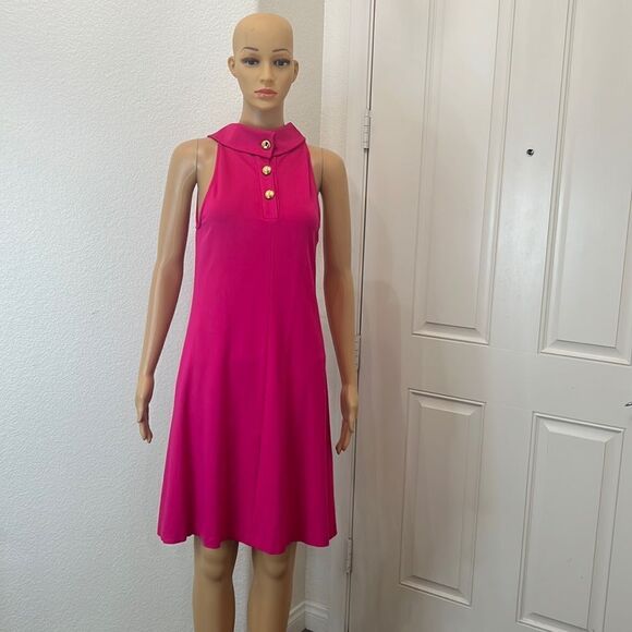 1901 Dress Hot Barbie Pink Gold Size 4 Halter Button Collar Neck Sleeveless Midi - Picture 1 of 9
